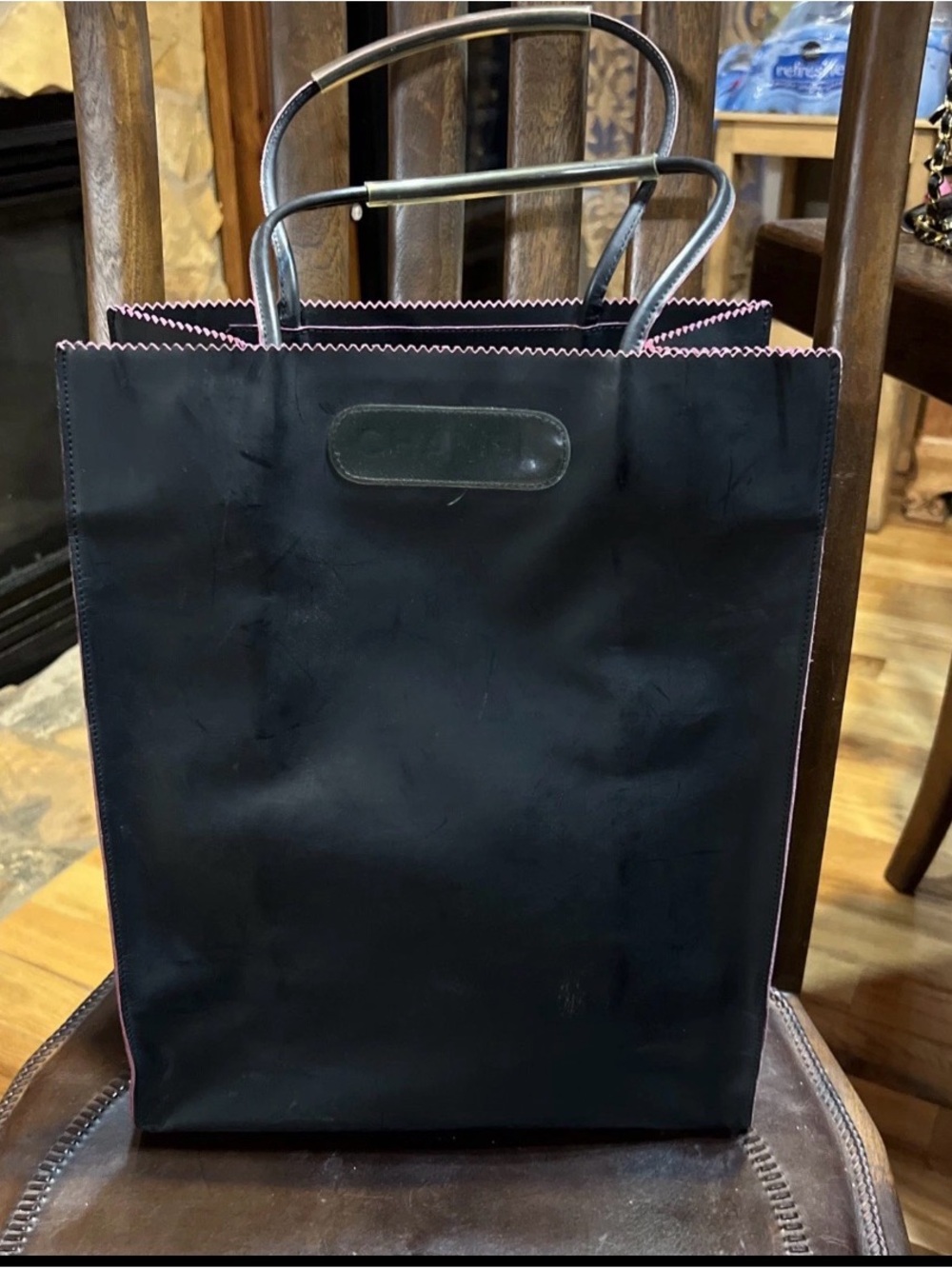 CHANEL Black Leather Tote Bag with Pink Trim